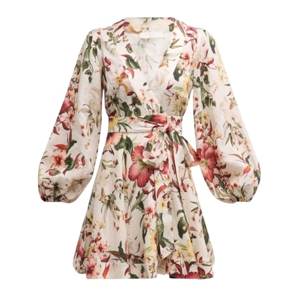 Zimmermann Dresses & Skirts - Zimmermann Lexi Floral Linen Wrap Mini Dress | Size 0/US Size 4